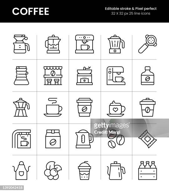 ilustraciones, imágenes clip art, dibujos animados e iconos de stock de iconos de línea de trazo editable de café - food state