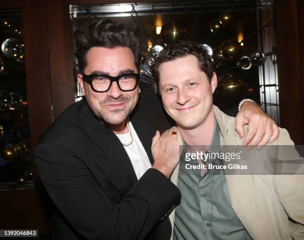 Dan Levy and Noah Reid pose backstage at the opening night of the new play "The Minutes" on Broadway at The Studio 54 Theater on April 17, 2022 in...