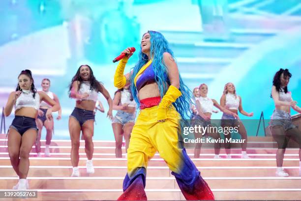 Karol G performs onstage at the Coachella Stage during the 2022 Coachella Valley Music And Arts Festival on April 17, 2022 in Indio, California.