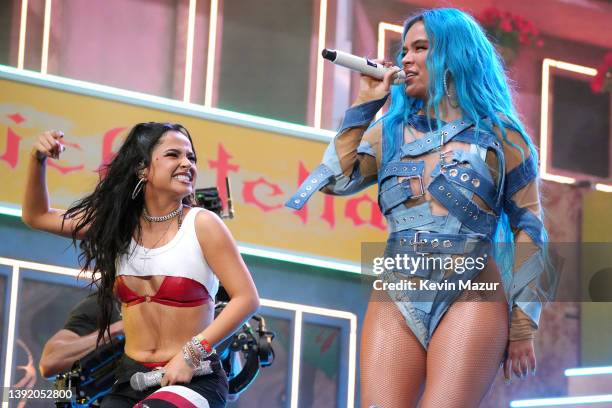 Becky G and Karol G perform onstage at the Coachella Stage during the 2022 Coachella Valley Music And Arts Festival on April 17, 2022 in Indio,...