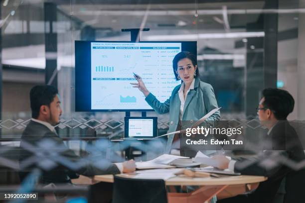 asian chinese woman confidently presenting to her colleague in conference room with television screen presentation - business meeting chinese stockfoto's en -beelden