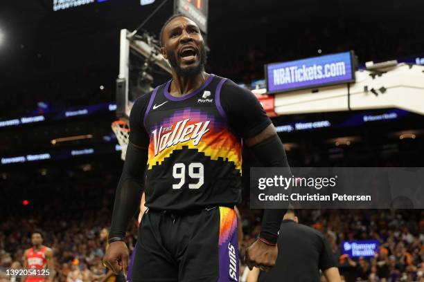 Jae Crowder of the Phoenix Suns reacts after scoring against the New Orleans Pelicans during the second half of Game One of the Western Conference...