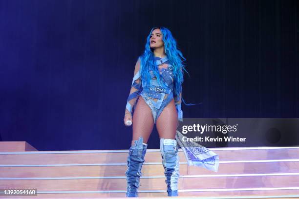 Karol G performs onstage at the Coachella Stage during the 2022 Coachella Valley Music And Arts Festival on April 17, 2022 in Indio, California.