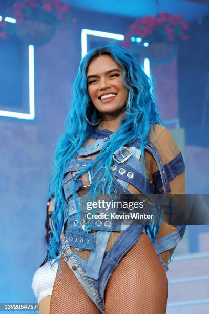 Karol G performs onstage at the Coachella Stage during the 2022 Coachella Valley Music And Arts Festival on April 17, 2022 in Indio, California.