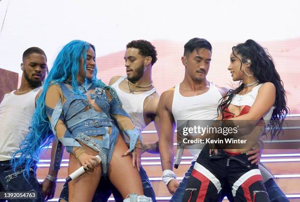 Karol G and Becky G perform onstage at the Coachella Stage during the 2022 Coachella Valley Music And Arts Festival on April 17, 2022 in Indio,...