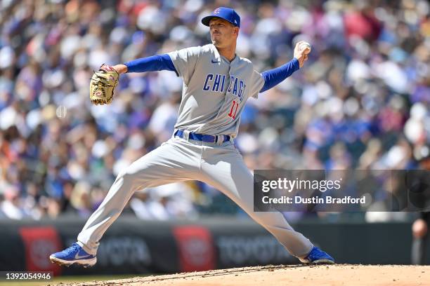 Drew Smyly of the Chicago Cubs pitches against the Colorado Rockies in the second inning of a game at Coors Field on April 17, 2022 in Denver,...