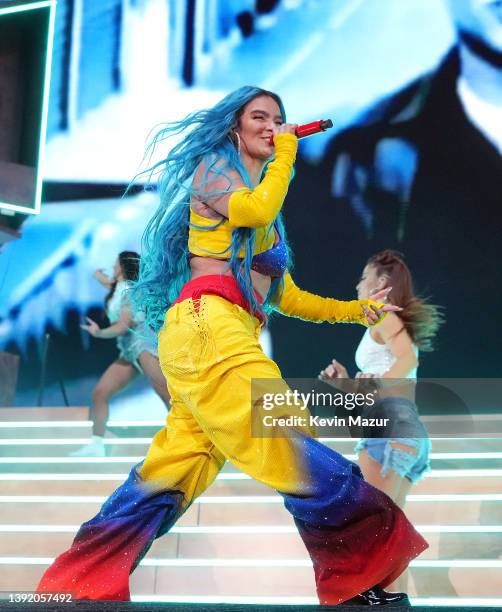 Karol G performs onstage at the Coachella Stage during the 2022 Coachella Valley Music And Arts Festival on April 17, 2022 in Indio, California.