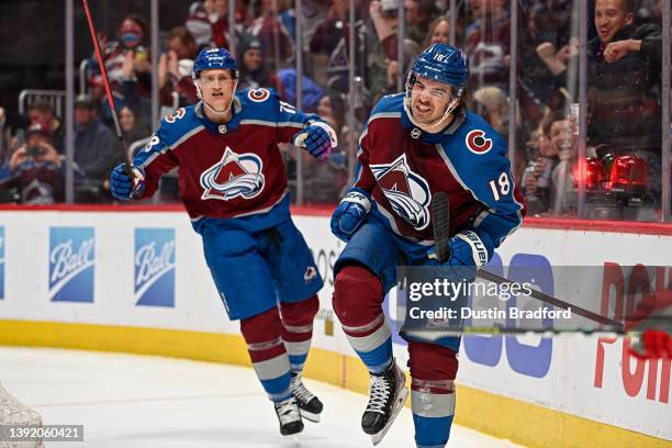 Alex Newhook of the Colorado Avalanche celebrates after scoring a second period goal against the Carolina Hurricanes at Ball Arena on April 16, 2022...