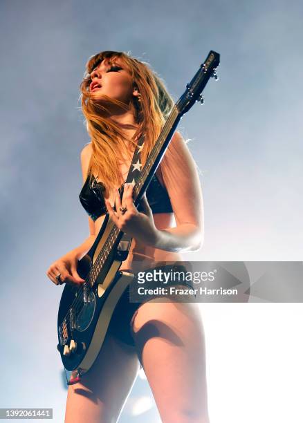 Victoria De Angelis of Måneskin performs onstage at the Outside Theatre during the 2022 Coachella Valley Music And Arts Festival on April 17, 2022 in...