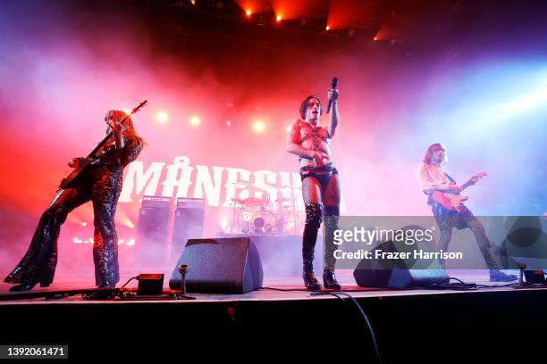 Victoria De Angelis, Damiano David, and Thomas Raggi of Måneskin performs onstage at the Outside Theatre during the 2022 Coachella Valley Music And...