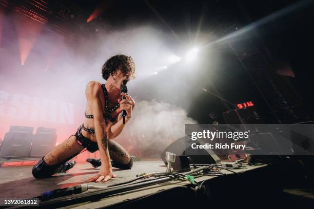 Damiano David of Måneskin performs onstage at the Mojave Tent during the 2022 Coachella Valley Music And Arts Festival on April 17, 2022 in Indio,...