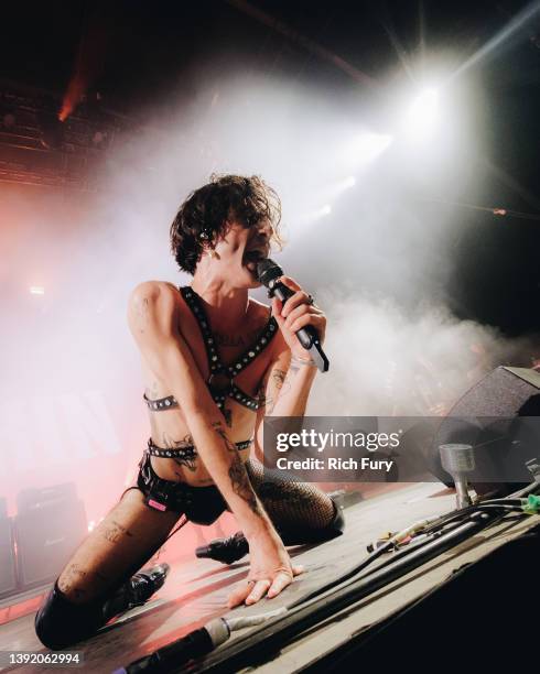 Damiano David of Måneskin performs onstage at the Mojave Tent during the 2022 Coachella Valley Music And Arts Festival on April 17, 2022 in Indio,...