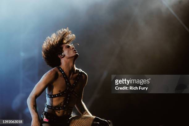 Damiano David of Måneskin performs onstage at the Mojave Tent during the 2022 Coachella Valley Music And Arts Festival on April 17, 2022 in Indio,...