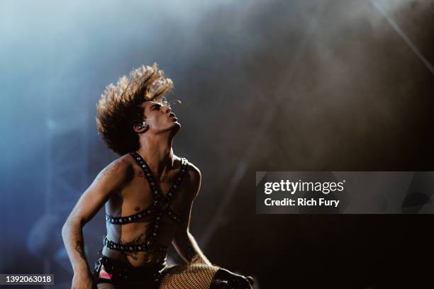 Damiano David of Måneskin performs onstage at the Mojave Tent during the 2022 Coachella Valley Music And Arts Festival on April 17, 2022 in Indio,...