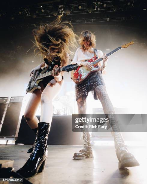 Victoria De Angelis and Thomas Raggi of Måneskin perform onstage at the Mojave Tent during the 2022 Coachella Valley Music And Arts Festival on April...