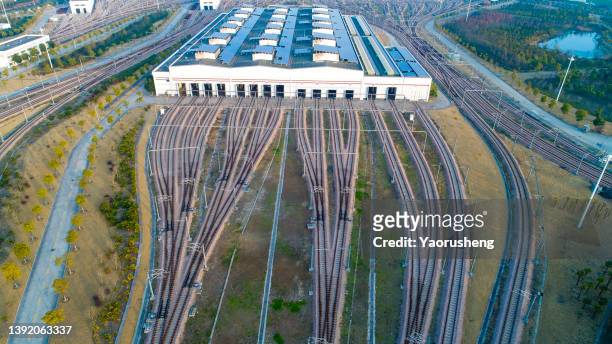 aerial view of railroad tracks to subway maintainence workshop center,shanghai,china - parallel ストックフォトと画像