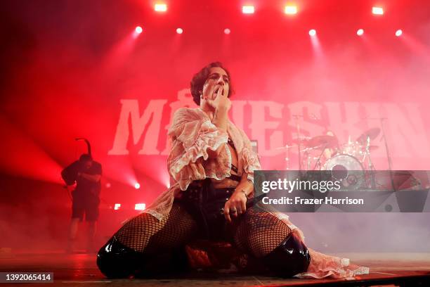 Damiano David of Måneskin performs onstage at the Outside Theatre during the 2022 Coachella Valley Music And Arts Festival on April 17, 2022 in...