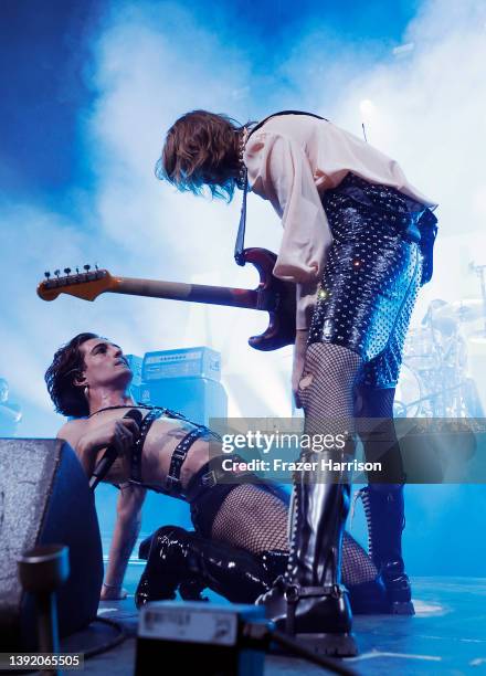 Damiano David and Thomas Raggi of Måneskin performs onstage at the Outside Theatre during the 2022 Coachella Valley Music And Arts Festival on April...