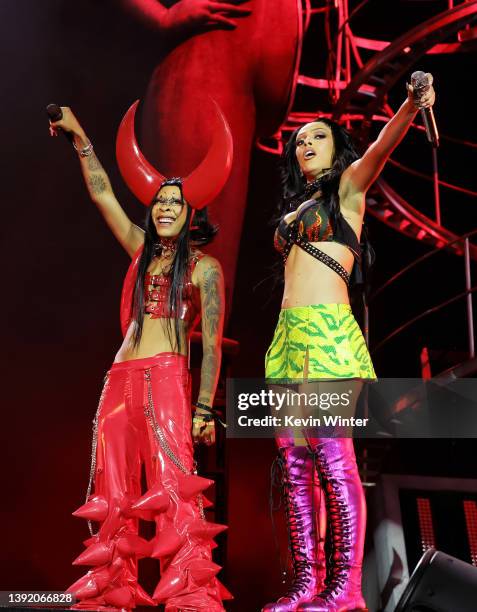 Rico Nasty and Doja Cat perform onstage at the Coachella Stage during the 2022 Coachella Valley Music And Arts Festival on April 17, 2022 in Indio,...