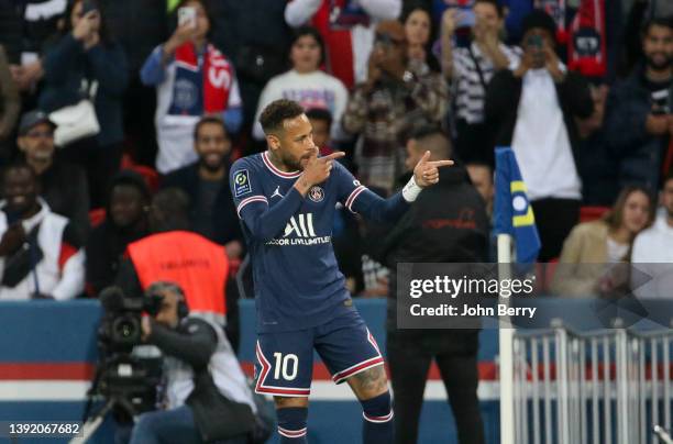 Neymar Jr of PSG celebrates his goal during the Ligue 1 Uber Eats match between Paris Saint-Germain and Olympique de Marseille at Parc des Princes...
