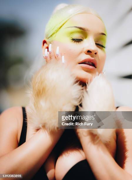 Kim Petras poses backstage during the Coachella Valley Music And Arts Festival on April 17, 2022 in Indio, California.