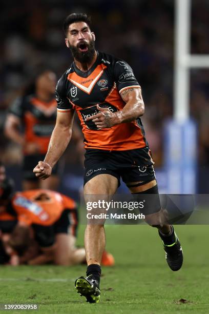 James Tamou of the Tigers celebrates winning the round six NRL match between the Parramatta Eels and the Wests Tigers at CommBank Stadium on April 18...