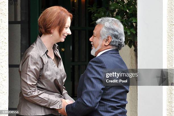 Australian Prime Minister Julia Gillard greets East Timorese Prime Minister Xanana Gusmao at the Lodge, on February 18, 2012 in Canberra, Australia....