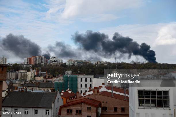 Smoke is seen on the horizon after Russian missiles struck the area on April 18, 2022 in Lviv, Ukraine. At least six people were killed and eight...