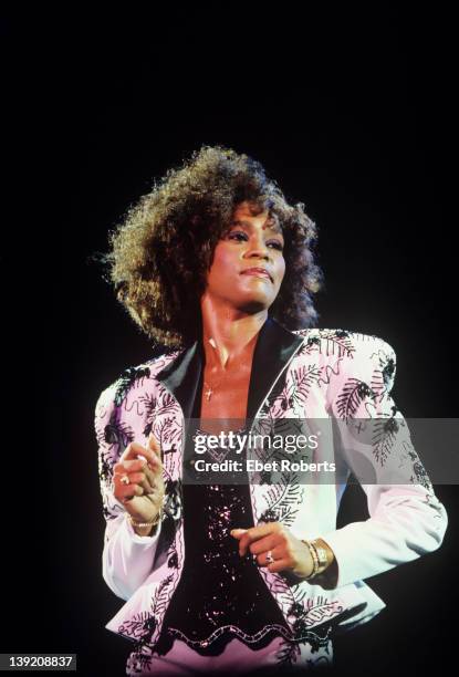 Whitney Houston performing at the Jones Beach Theater in Wantagh, Long Island, New York on August 16, 1987.