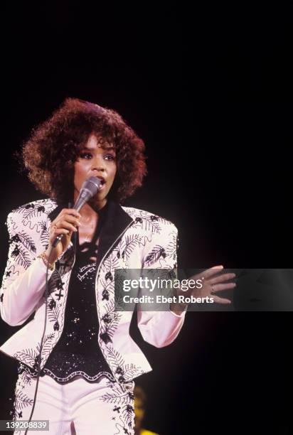 Whitney Houston performing at the Jones Beach Theater in Wantagh, Long Island, New York on August 16, 1987.