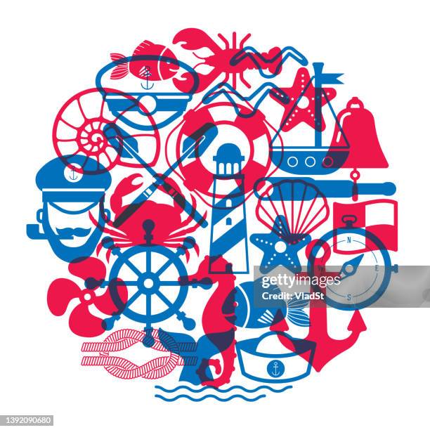 stockillustraties, clipart, cartoons en iconen met nautical icons sailor marine navy symbols sea captain ahoy overprint design - icon collage