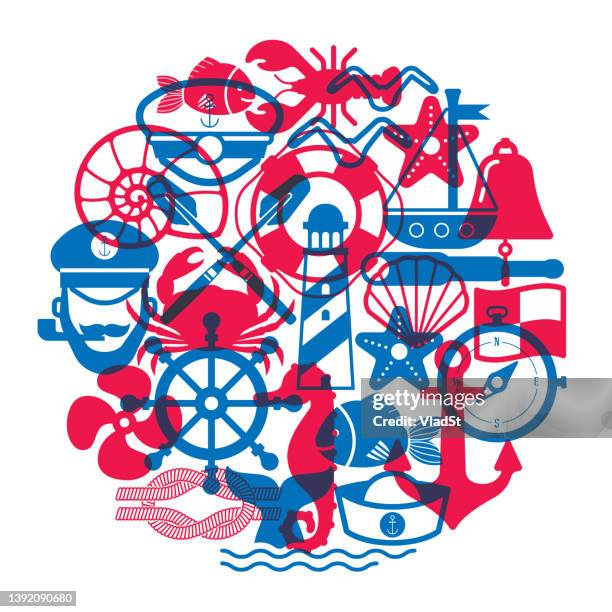 ilustrações de stock, clip art, desenhos animados e ícones de nautical icons sailor marine navy symbols sea captain ahoy overprint design - marine icon