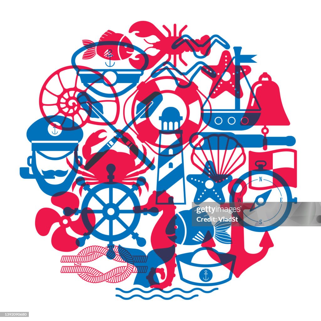 Nautical Icons Sailor Marine Navy Symbols Sea Captain Ahoy Overprint Design