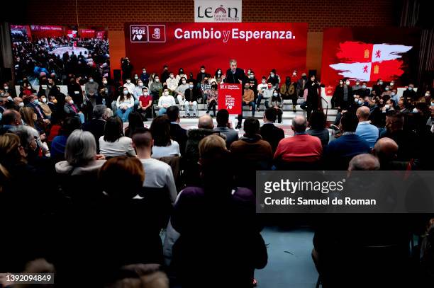 The former President of the Government of Spain, José Luis Rodríguez Zapatero, speaks during a PSOE election campaign event. On February 06, 2022 in...