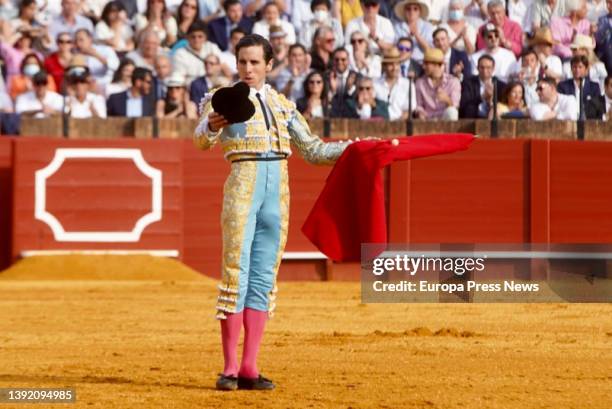 Juan Ortega makes the toast in the first of the afternoon during the Easter Sunday bullfight in the bullring of the Real Maestranza de Caballeria de...