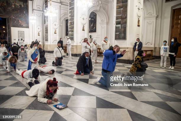 Faithful on a pilgrimage to the sanctuary of the Madonna dell'Arco on Easter Monday on April 18, 2022 in Sant'Anastasia, Italy. The Feast of the...