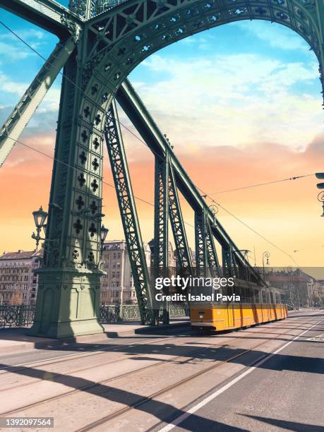 yellow tram crossing the liberty bridge in budapest - budapest train stock pictures, royalty-free photos & images