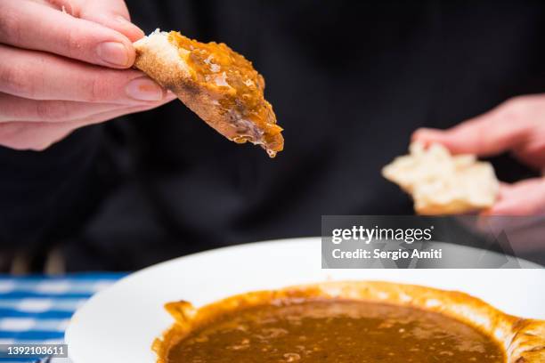 dipping cornbread in kosovo beef stew - stew stock pictures, royalty-free photos & images