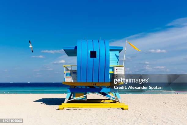 blue lifeguard hut in miami beach art deco district, miami, florida, usa - cabina del guardaspiaggia foto e immagini stock