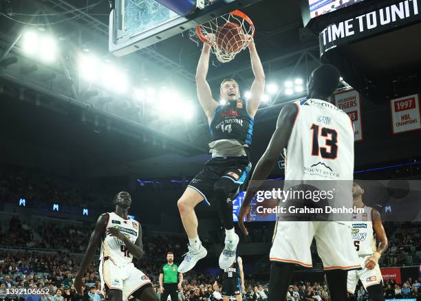 Jack White of United slam dunks during the round 20 NBL match between Melbourne United and Cairns Taipans at John Cain Arena on April 18 in...