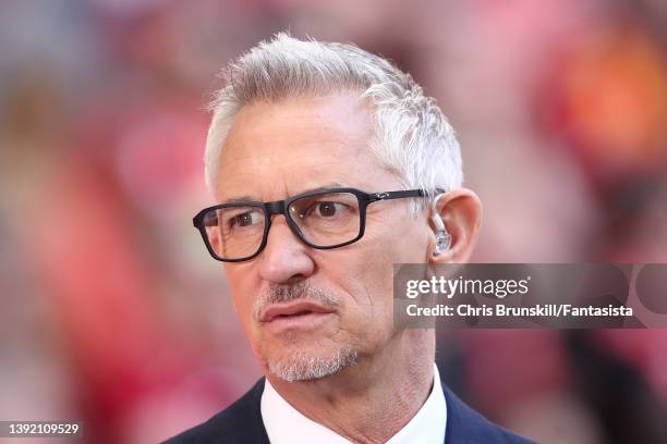 Gary Lineker looks on during The Emirates FA Cup Semi-Final match between Manchester City and Liverpool at Wembley Stadium on April 16, 2022 in...