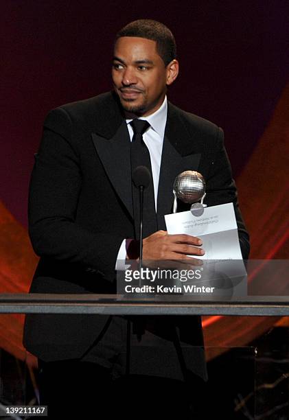 Actor Laz Alonzo accepts the award for Outstanding Actor in a Motion Picture for "Jumping the Broom" onstage at the 43rd NAACP Image Awards held at...