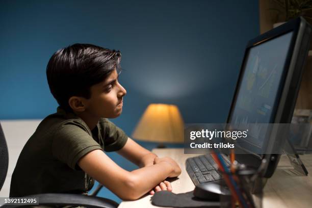 boy using computer at home - social media profile stock pictures, royalty-free photos & images