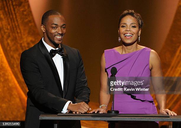 Hosts Anthony Mackie and Sanaa Lathan speak onstage at the 43rd NAACP Image Awards held at The Shrine Auditorium on February 17, 2012 in Los Angeles,...