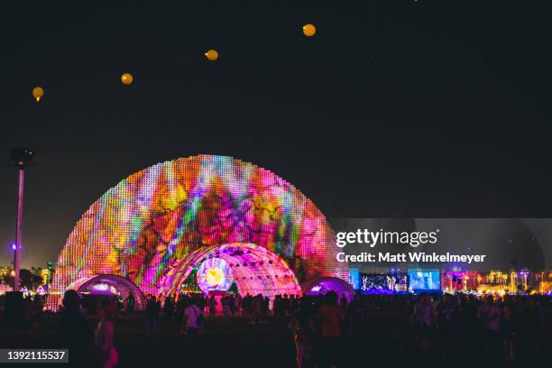 Art installation 'Circular Dimensions x Microscape' by Cristopher Cichocki is seen at the 2022 Coachella Valley Music And Arts Festival on April 17,...
