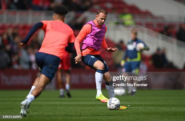 Huddersfield player Jordan Rhodes in action during the warm up prior to the Sky Bet Championship match between Middlesbrough and Huddersfield Town at...