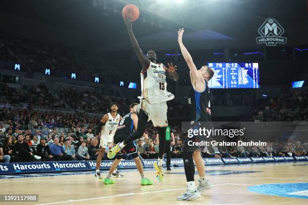 Majok Deng of the Taipans drives at the basket during the round 20 NBL match between Melbourne United and Cairns Taipans at John Cain Arena on April...