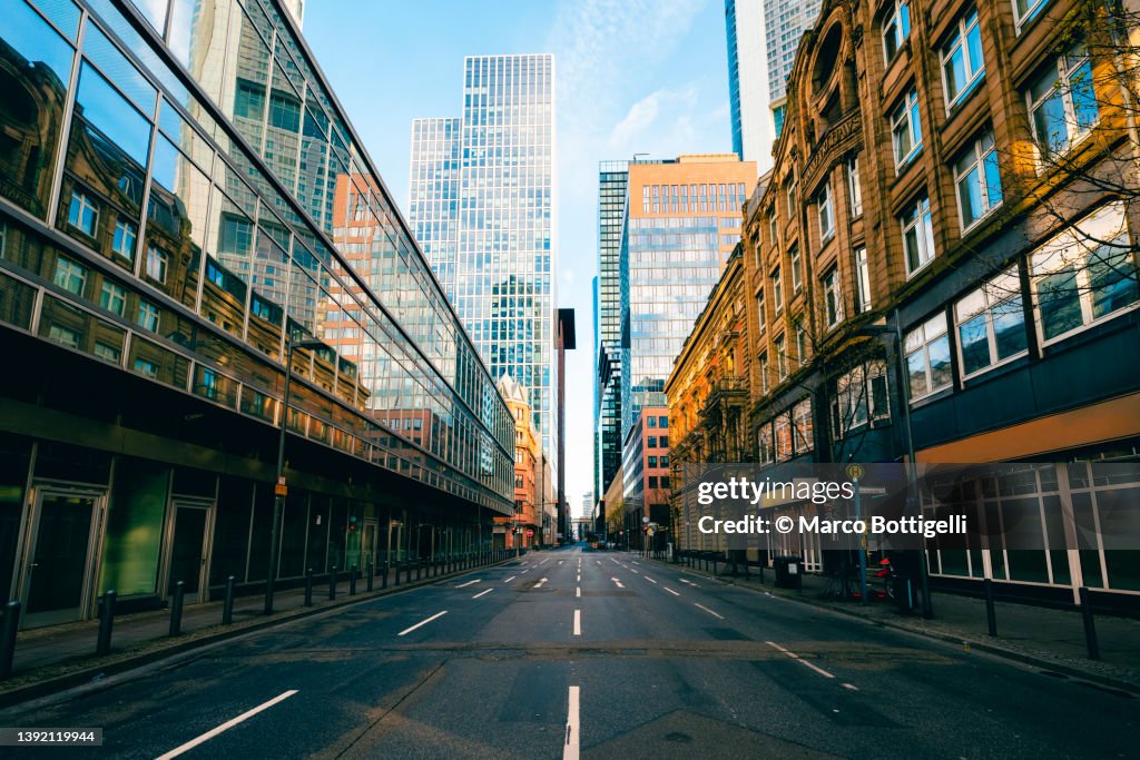 Empty road in financial district in Frankfurt, Germany