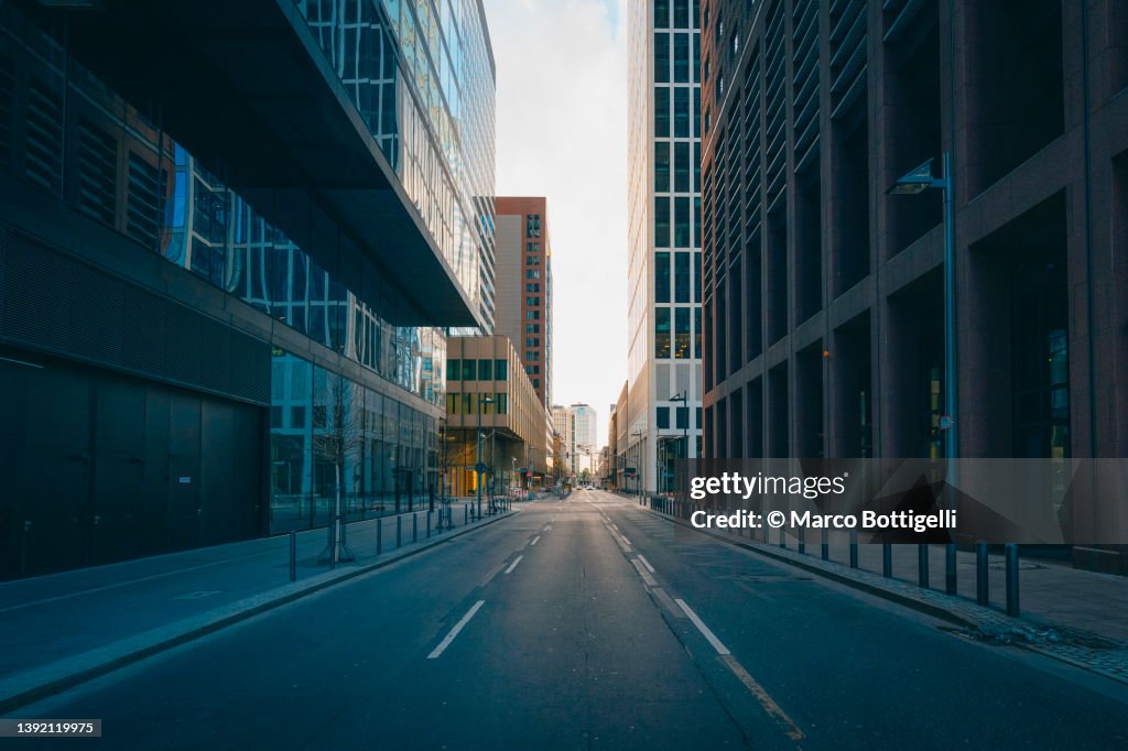 Empty road in financial district in Frankfurt, Germany