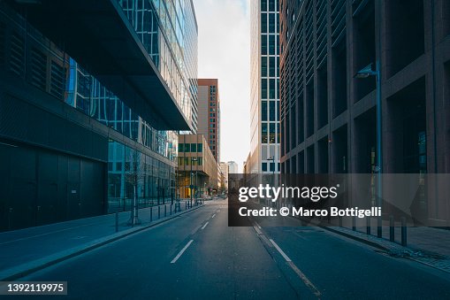 Empty road in financial district in Frankfurt, Germany Empty road in financial district in Frankfurt, Germany